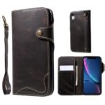 Genuine Leather Button Closure Wallet Flip Case for iPhone XR 6.1 inch – Black