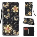 Patterned Rhinestone Leather Case for iPhone XS / X 5.8 inch (Light Spot Decor) (Wallet Stand) (Strap) – Gold Butterflies and Flowers