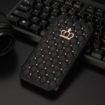 Stitching Rhombus Crown Card Holder Leather Stand Cover for iPhone XR 6.1 inch – Black