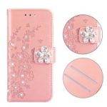 Imprint Flower Rhinestone Wallet Leather Stand Case for iPhone XR 6.1 inch – Rose Gold