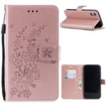 Imprint Flower Wallet Leather Stand Case for iPhone XR 6.1 inch – Rose Gold