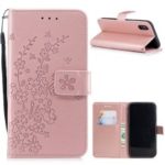 Imprint Flower Wallet Stand Leather Folio Casing for iPhone XS Max 6.5 inch – Rose Gold