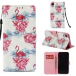 For iPhone XR 6.1 inch Pattern Printing Rhinestone Decor Wallet Stand Leather Phone Case – Flamingo Flower