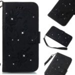 Imprinted Butterfly Flower Rhinestone Leather Wallet Casing for iPhone XS/X 5.8 inch – Black