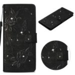Rhinestone Decor Flower Butterfly Imprinted Leather Case with Lanyard for iPhone XS Max 6.5 inch – Black