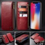 CASEME Detachable 2-in-1 Business Zipper Leather Wallet Case for iPhone XS Max 6.5 inch – Red