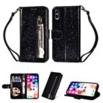 Flash Powder Zippered Stand Leather Wallet Case with Strap for iPhone XS Max 6.5 inch – Black