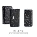 Glittery Leaves Flowers Leather Zippered Wallet Cover + Detachable Inner TPU Back Casing for iPhone XS Max 6.5 inch – Black