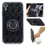 For iPhone XR 6.1 inch Mosaic Pattern Metal PC TPU Hybrid Phone Case with Finger Ring Kickstand – Black