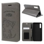 For Samsung Galaxy A7 (2018) Imprint Cat and Fish Bone Wallet Stand Leather Phone Cover – Grey