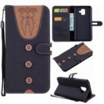 For Samsung Galaxy A6 (2018) Case [Imprint Women Bow-tie] [Button Decor] [Strap] Splicing Leather Stand Cover – Black