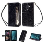 Flash Powder Zippered Stand Leather Wallet Case with Strap for Samsung Galaxy A6+ (2018) / A9 Star Lite – Black