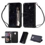 Flash Powder Zippered Stand Leather Wallet Casing with Strap for Samsung Galaxy A6 (2018) – Black