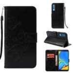 [Imprinted Floral Butterfly] Leather Stand Case for Samsung Galaxy A7 (2018) [with Lanyard] – Black