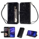 Glitter Powder Zippered Stand Leather Wallet Case [with Strap] for Huawei Mate 20 Lite – Black