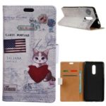 Pattern Printing PU Leather Wallet Stand Folio Mobile Case for OnePlus 6T – American Flag and Cat Holding Heart