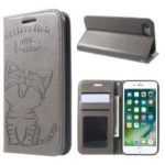 Imprint Cat and Fish Bone Wallet Leather Phone Case for iPhone 8 / 7 – Grey