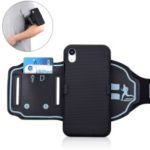 For iPhone XR 6.1 inch Stripe Pattern Sport Armband Cover PC + TPU Hybrid Phone Cover