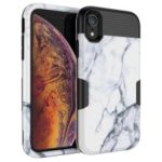 For iPhone XR 6.1 inch White Marble Pattern 3-Piece Drop-proof PC Silicone Combo Phone Case – Black