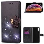 Rhinestone Decor Imprint 3D Flower Leather Wallet Case for iPhone XS / X 5.8 inch – Black