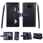 Zippered Leather Magnetic Stand Wallet TPU Back Case with Strap for Samsung Galaxy J4 (2018) – Black