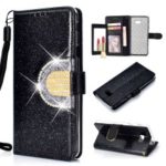 Glitter Powder Rhinestone Decoration Wallet Leather Case with Mirror for Samsung Galaxy J4+ / J4 Prime / J415 – Black
