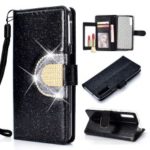 For Samsung Galaxy A7 (2018) A750 Glitter Powder Leather Case [Rhinestone Decor] [with Mirror]  – Black