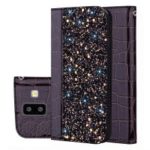 Crocodile Texture Glittery Sequins Splicing PU Leather Auto-absorbed Card Slot Case for Samsung Galaxy J6+ – Black