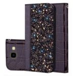 Crocodile Texture Glittery Sequins Splicing PU Leather Auto-absorbed Card Slot Case for Samsung Galaxy J4+ – Black