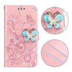 Imprint Flower Butterfly Rhinestone Wallet Leather Stand Case for Samsung Galaxy J4+ – Rose Gold