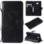 Imprint Cat and Tree Wallet Stand PU Leather Casing with Lanyard for Samsung Galaxy J4 Plus J415/J4 Prime – Black