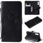 Imprint Cat and Tree Wallet Stand PU Leather Case with Lanyard for Samsung Galaxy A7 (2018) A750 – Black
