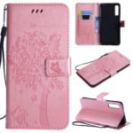 Imprint Cat and Tree PU Leather Wallet Stand Cover with Lanyard for Samsung Galaxy A7 (2018) A750 – Rose Gold