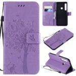 Imprint Cat and Tree Wallet Leather Phone Accessory Case for Samsung Galaxy A9 (2018) / A9 Star Pro / A9s – Light Purple