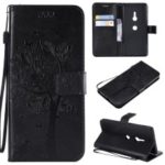 Imprint Cat and Tree Wallet Stand PU Leather Case with Lanyard for Sony Xperia XZ3 – Black