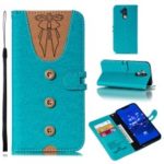 For Huawei Mate 20 Lite Splicing Leather Mobile Shell [Imprint Women Bow-tie] [Button Decor] – Cyan