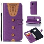 For Huawei Mate 20 Pro Splicing Leather Mobile Casing [Imprint Women Bow-tie] [Button Decor] – Purple
