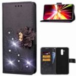 For Huawei Mate 20 Lite / Maimang 7 [3D Flower] Leather Case / Imprint Flower / Rhinestone Decor / Wallet – Black