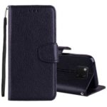 Litchi Grain Wallet Stand Leather Case with Strap for Huawei Mate 20 Pro – Black