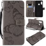 Imprint Butterfly Leather Wallet Stand Case with Strap for Huawei nova 3 – Grey