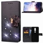 For Nokia 6.1 Plus / X6 3D Flower Leather Case / Wallet / Imprint Flower / Rhinestone Decor – Black