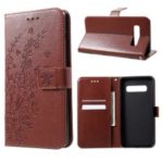 Imprint Flower Wallet Leather Stand Case for Samsung Galaxy S10 Plus – Brown