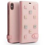 QIALINO Pinky Flower Decor Genuine Leather Wallet Case Phone Cover for iPhone XS Max 6.5 inch