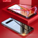 LUPHIE for Samsung Galaxy S10 Plus Magnetic Attraction Metal Frame + Tempered Glass Back Phone Casing – Black / Red