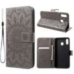 Imprint Sunflower Wallet Leather Stand Case for Samsung Galaxy M20 – Grey