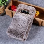 Soft Faux Fur Coated Rhinestone TPU Cover with [Wrist Strap] for Samsung Galaxy S10 Plus – Coffee