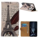 Pattern Printing Flip Stand Leather Case for Samsung Galaxy M20 – Eiffel Tower and Quill-pen