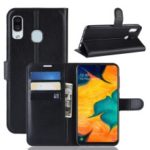Litchi Skin PU Leather Wallet Stand Mobile Casing for Samsung Galaxy A30 – Black