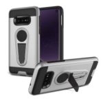 Carbon Fiber Texture PC + TPU Hybrid Kickstand Cover for Samsung Galaxy S10e (Built-in Magnetic Holder Metal Sheet) – Silver