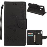 Imprint Butterfly Flowers Leather Stand Cell Phone Case for Samsung Galaxy M20 – Black